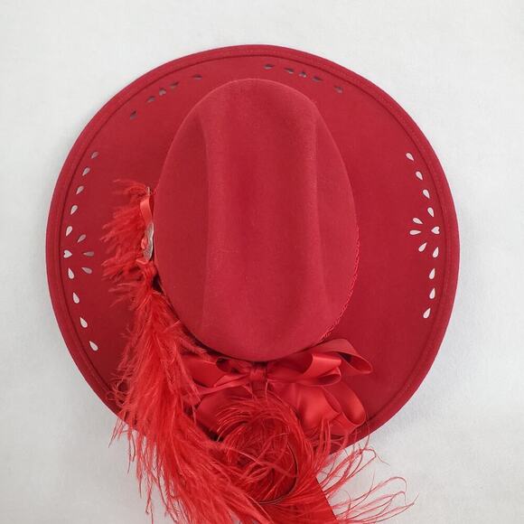 Vintage Nancy Hughes Hat Co Red Wool Satin Ribbon Bow Feather Lazer Cut 7-1/8 - Picture 7 of 12